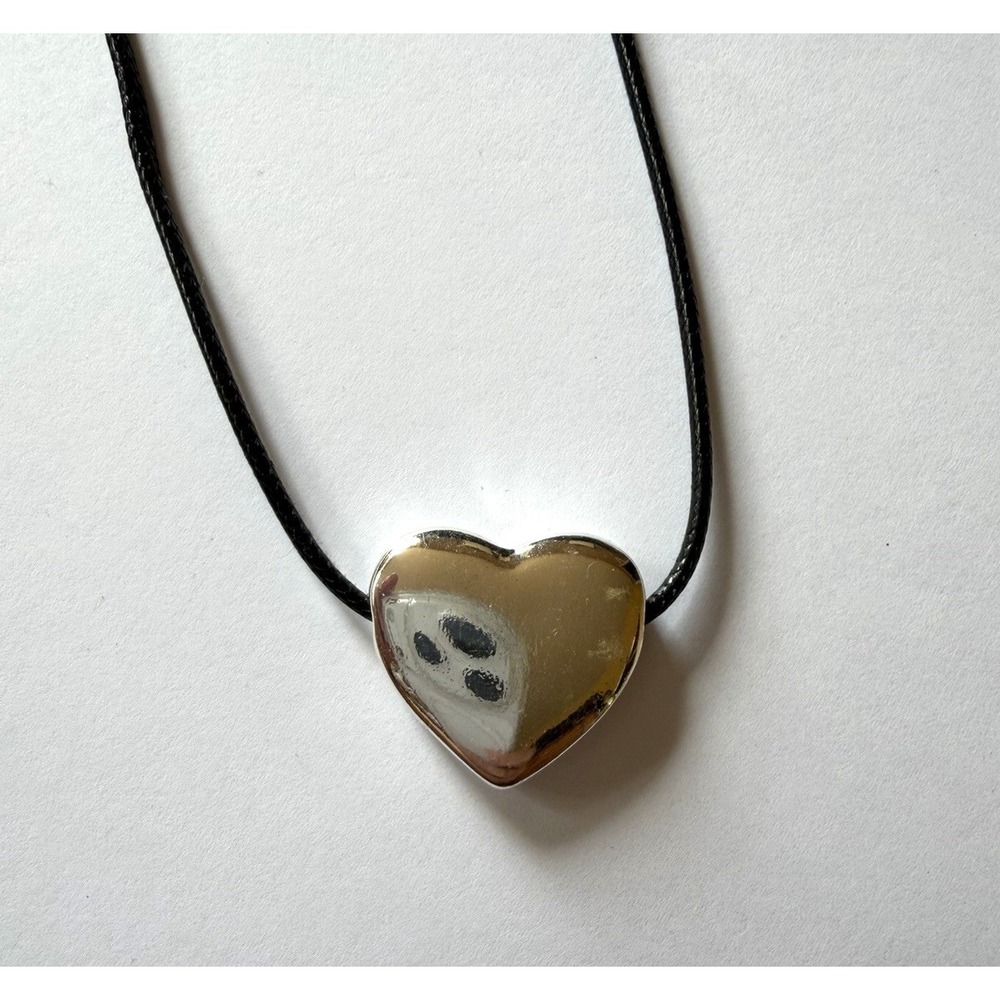 Silver Tone Heart Pendant‎ Necklace Black Cord Adjustable Minimalist Jewelry
